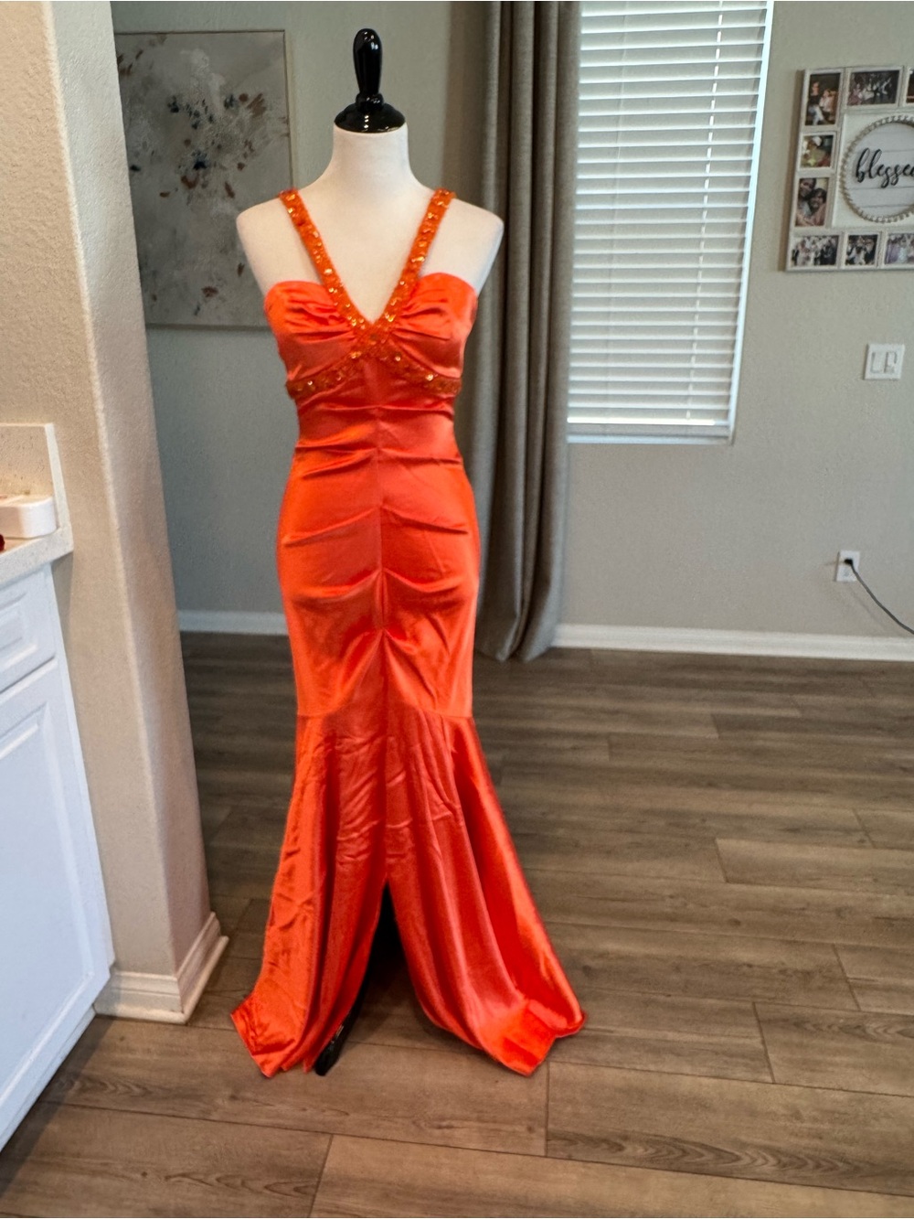 New Womens size 6 Elegant Orange Satin Evening Gown with Beaded Straps